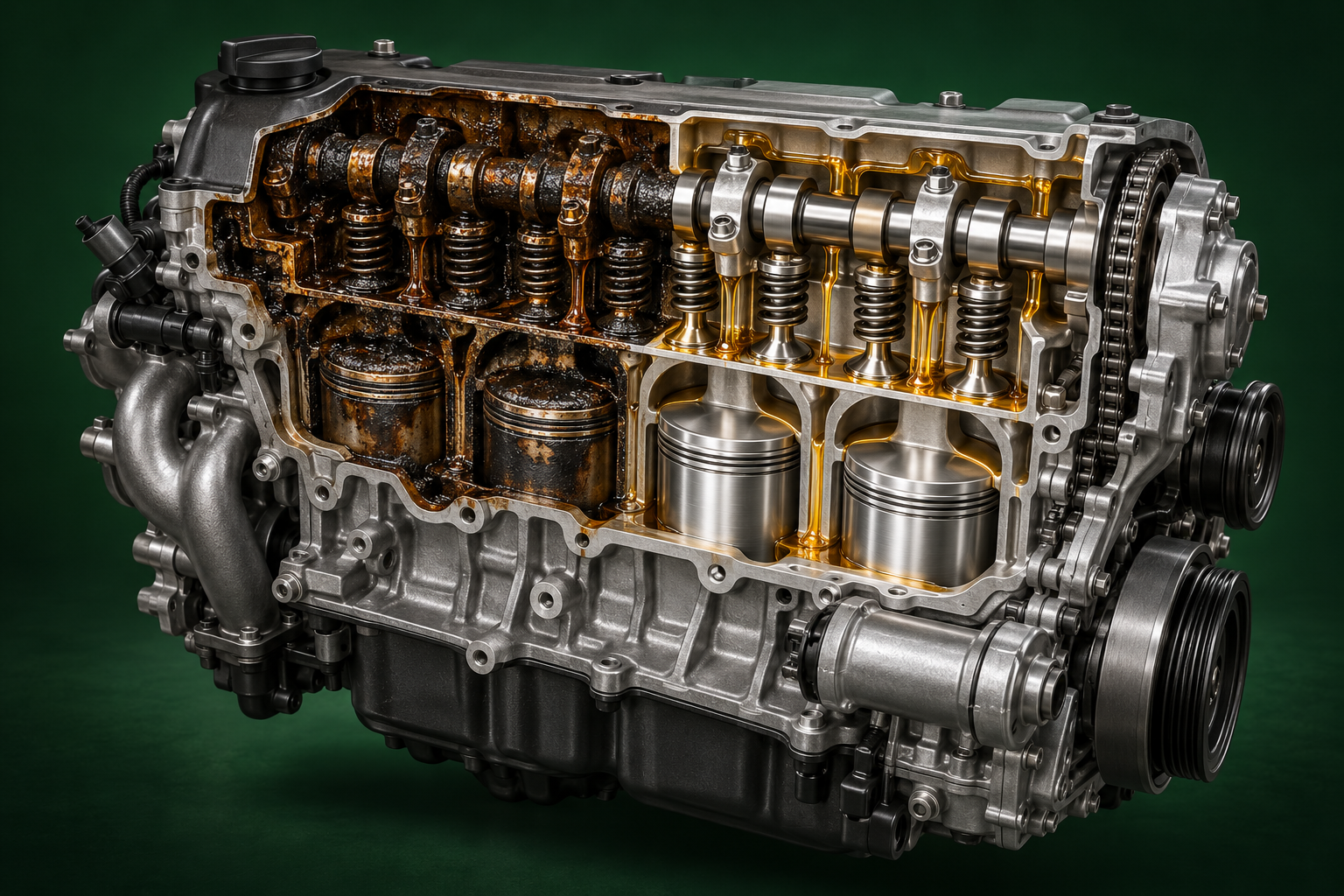 Cutaway engine showing internal deposits transitioning to clean lubricated components