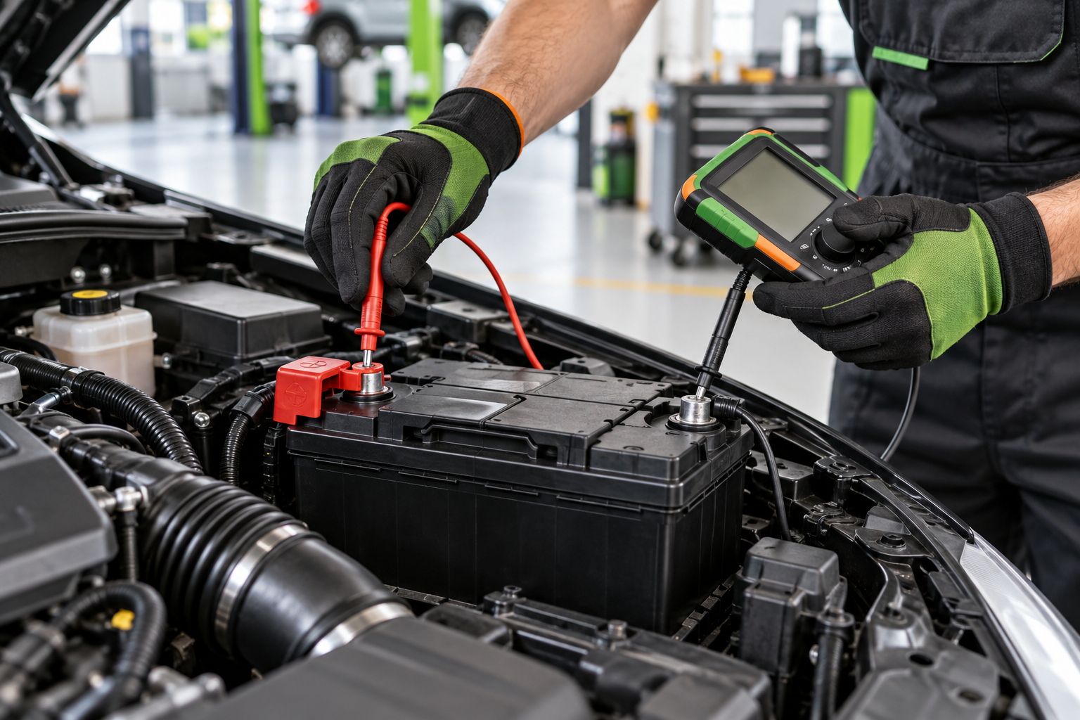 Technician testing a car battery