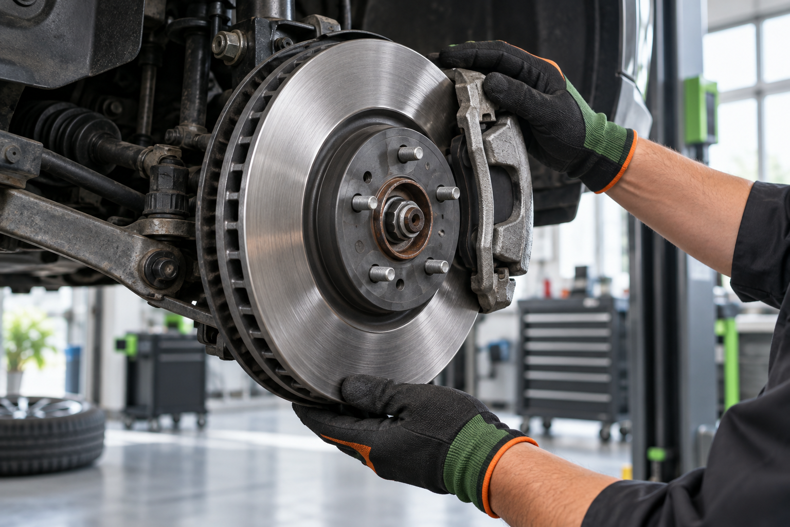 Close-up of a vehicle brake rotor and caliper