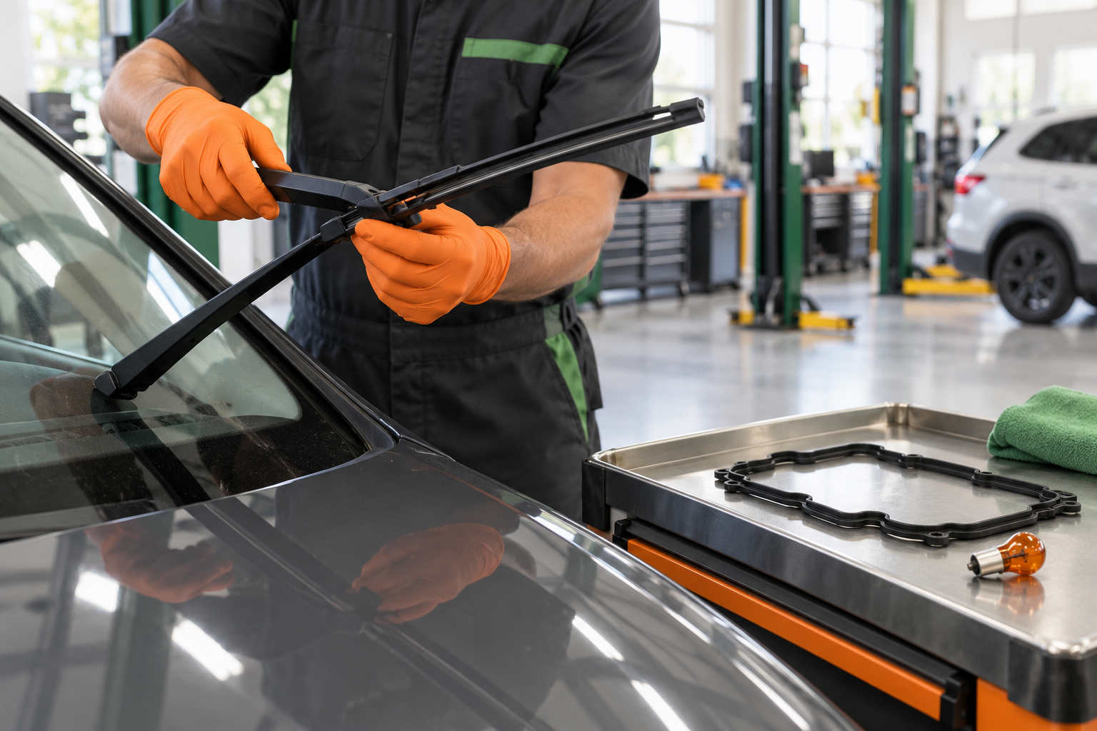 Technician replacing a windshield wiper with maintenance parts nearby