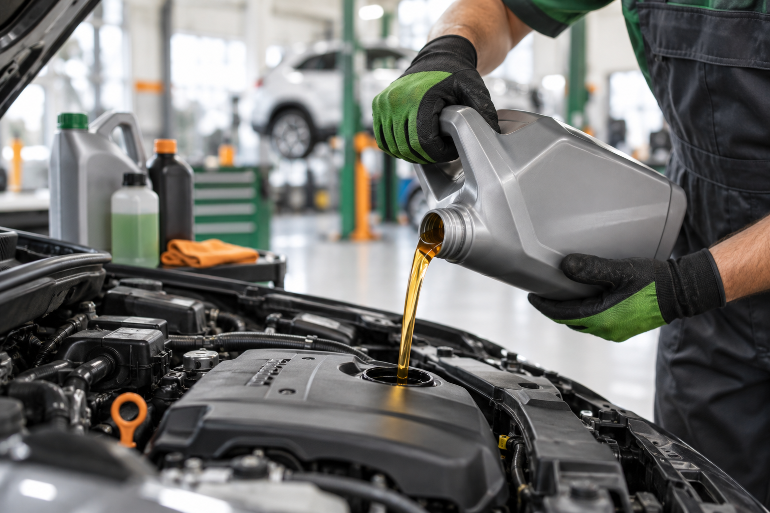 Technician adding fresh oil to a vehicle engine