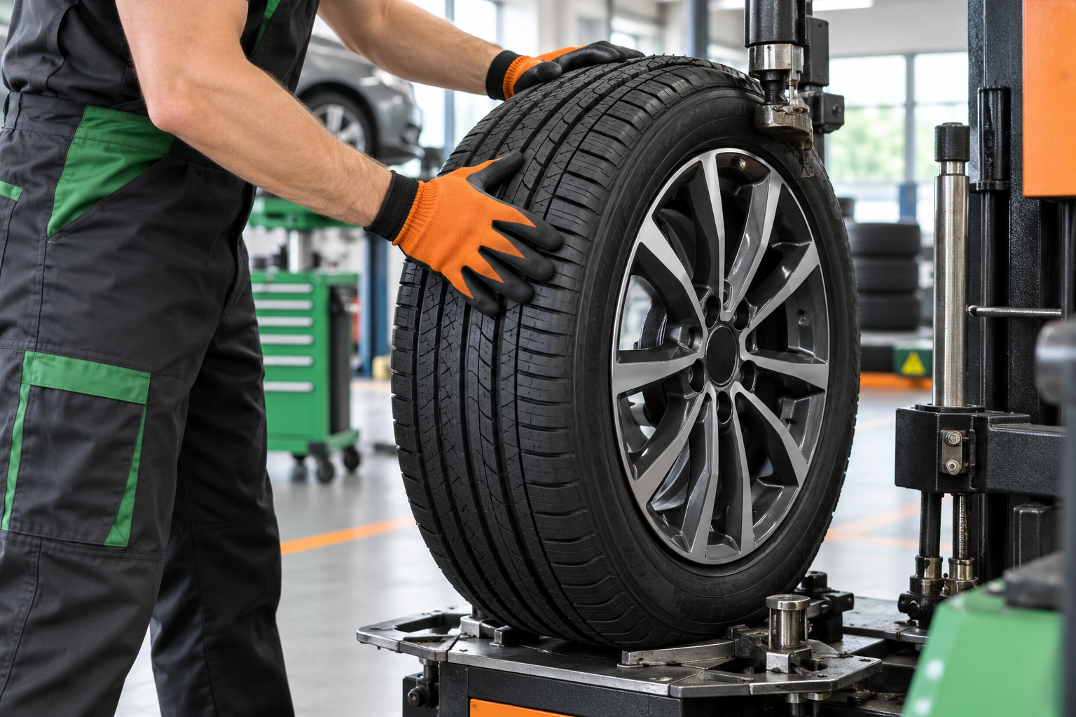 Technician servicing a tire in a clean automotive bay