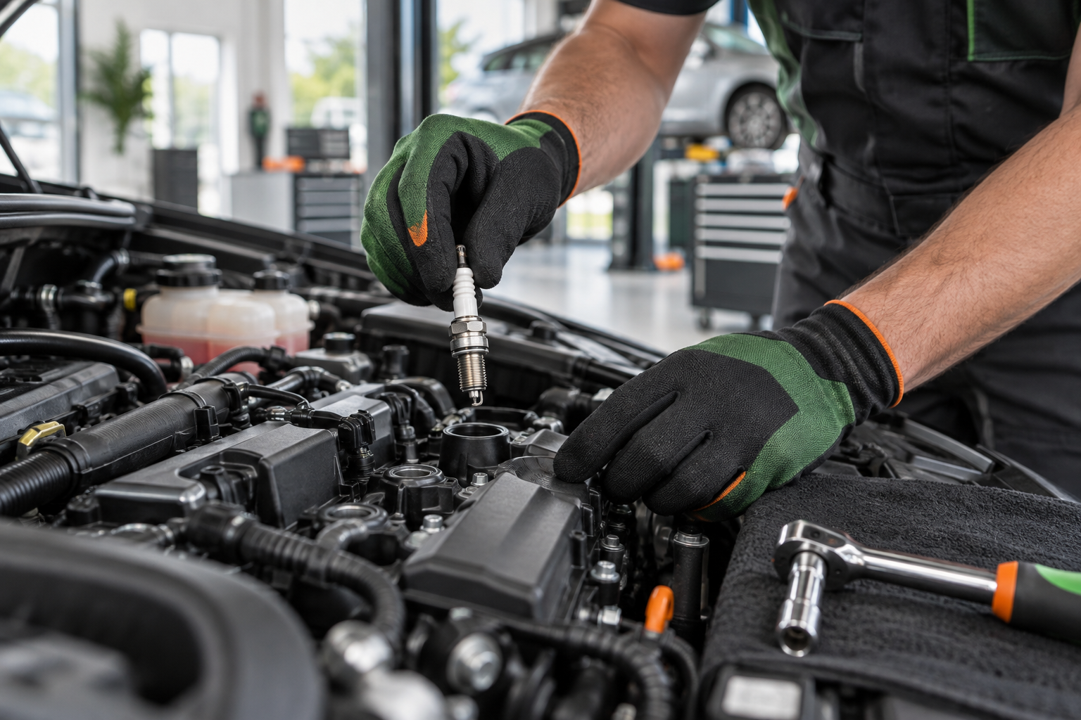 Technician replacing a spark plug during a tune-up